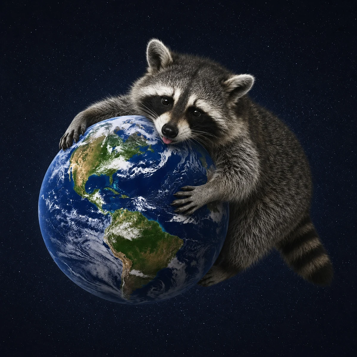 Raccoon hugging Earth in space