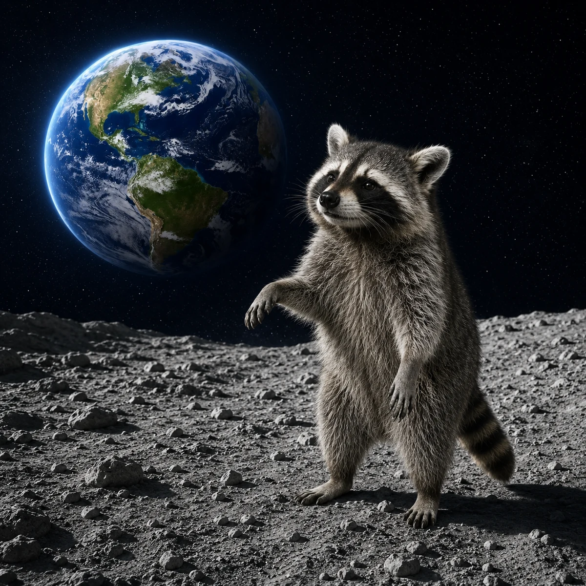 Raccoon standing on the Moon with Earth behind it