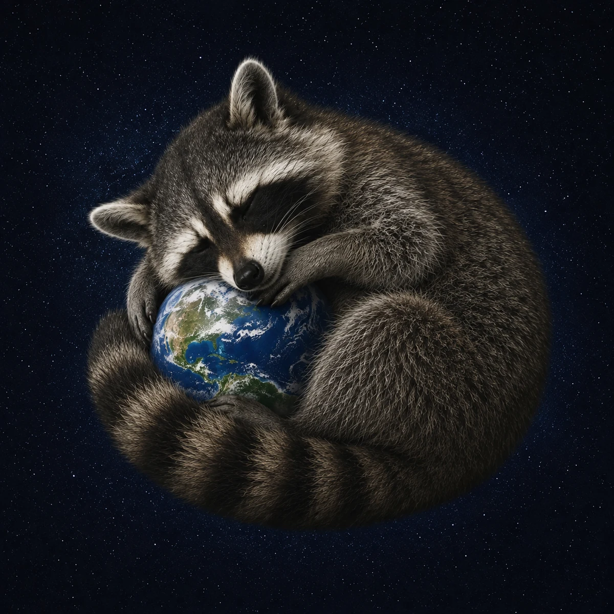 Sleeping raccoon curled around Earth