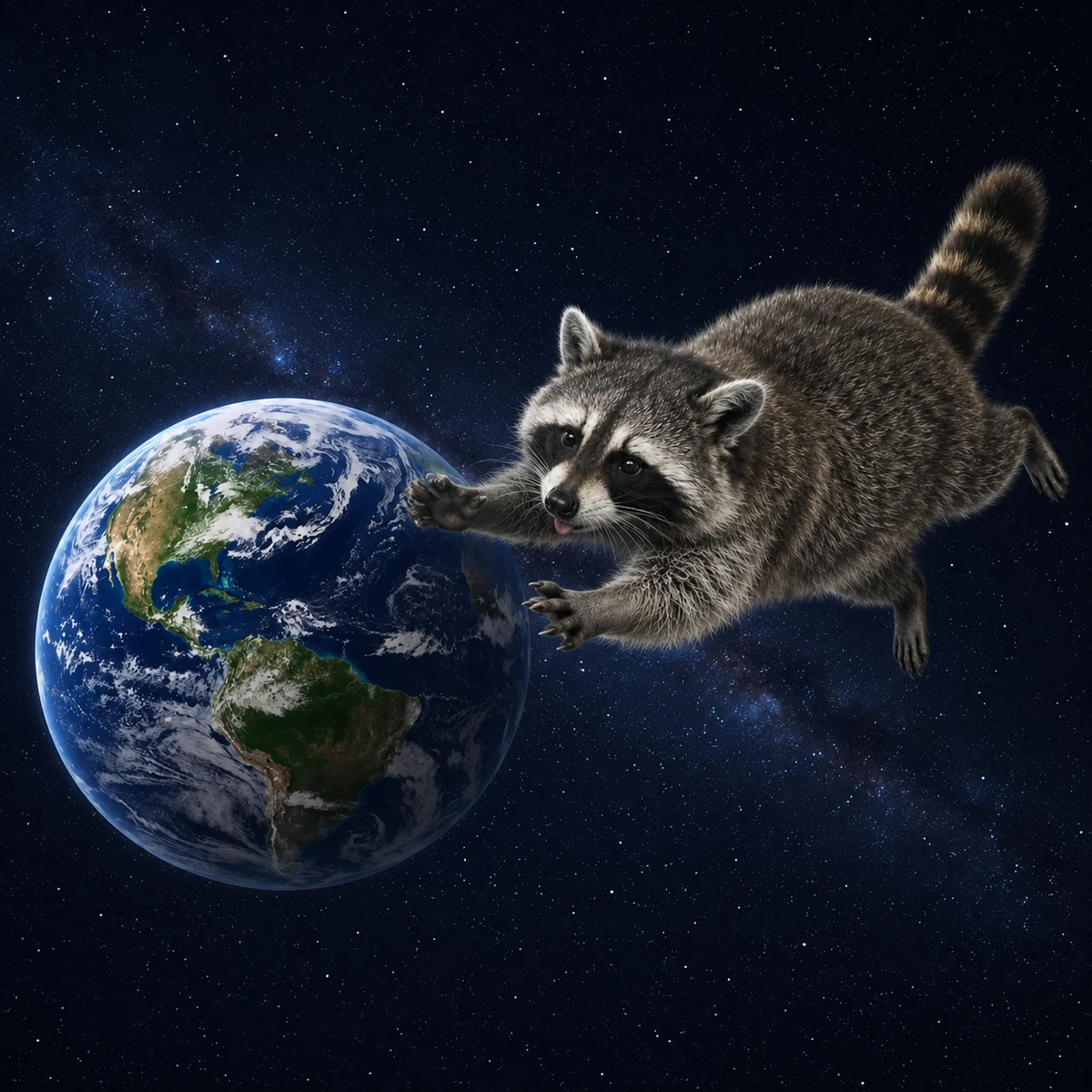 Raccoon floating through space toward Earth