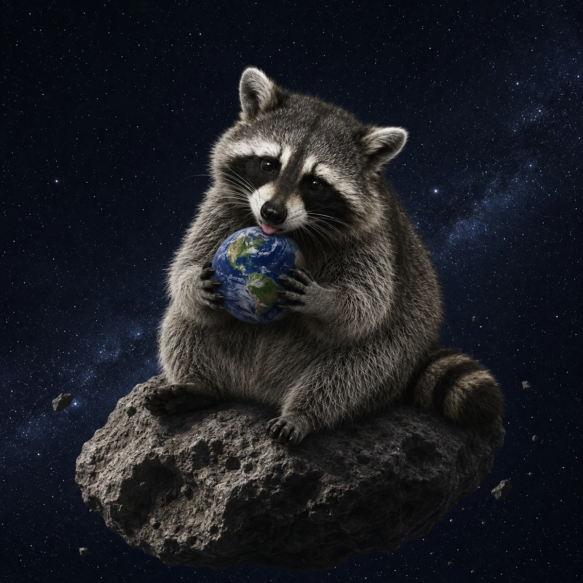 Raccoon sitting on an asteroid and licking a tiny Earth