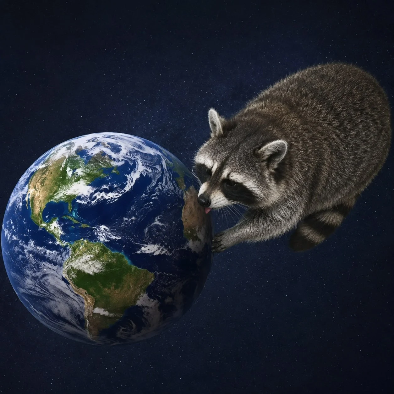 Raccoon licking planet Earth while floating in space
